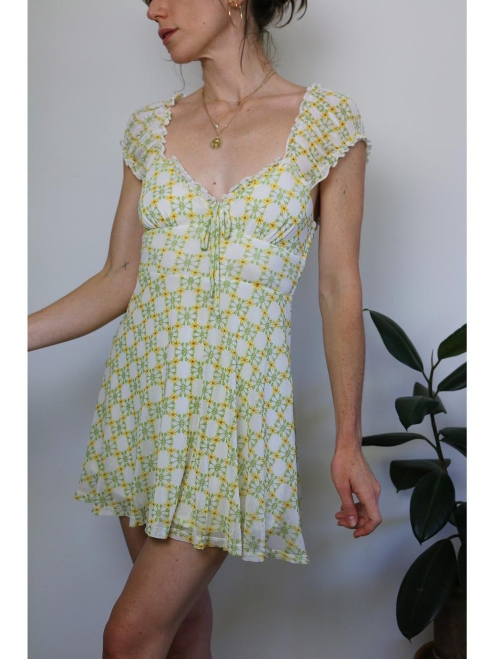 Urban Outfitters Audrey Mesh Mini Dress Yellow Boho Daisy Print Cottage Twee